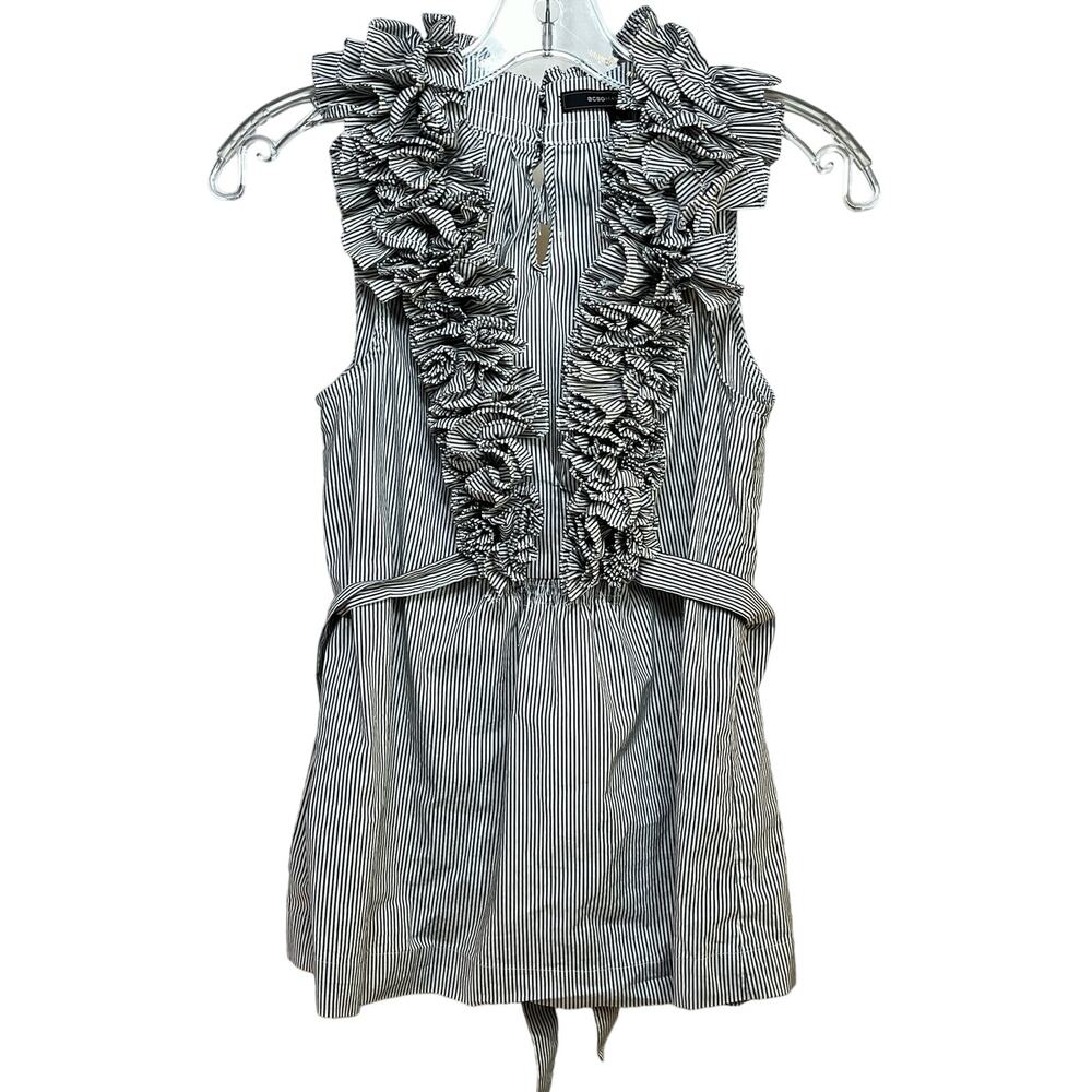 BCBGMAXAZRIA Ruffled V-Neck Sleeveless Blouse Women's XS Gray Back Tie Stretchy